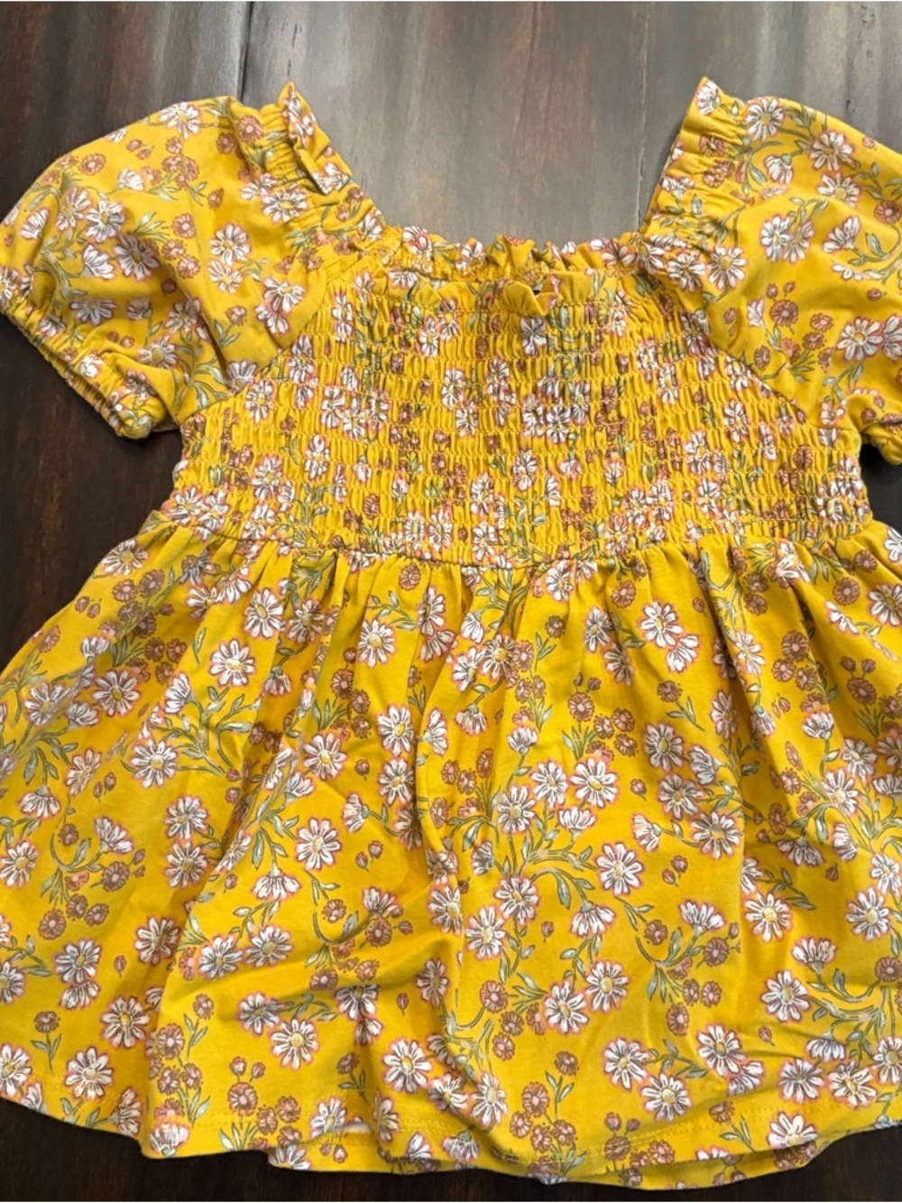 Cute Yellow Floral Smocked Casual Sun Dress -5T